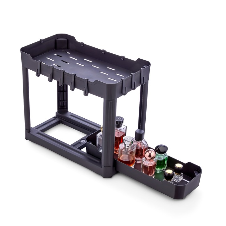 Organizator Niovel® Multifunctional pentru sub blat cu 2 niveluri si sertare glisante, Organizatoare pentru Dulap, Cu sertar glisant si 5 carlige, Design de capacitate mare, Pentru bucatarie de baie (40x22x33 cm) negru
