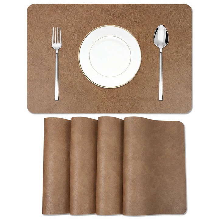 Set de 4 suporturi de masă din piele PU, impermeabile, maro cafea deschis, 45x30cm