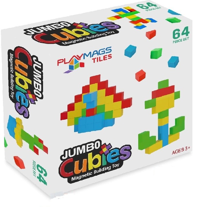 Set magnetic Playmags Cubies, 64 blocuri magnetice de constructie de 5 cm