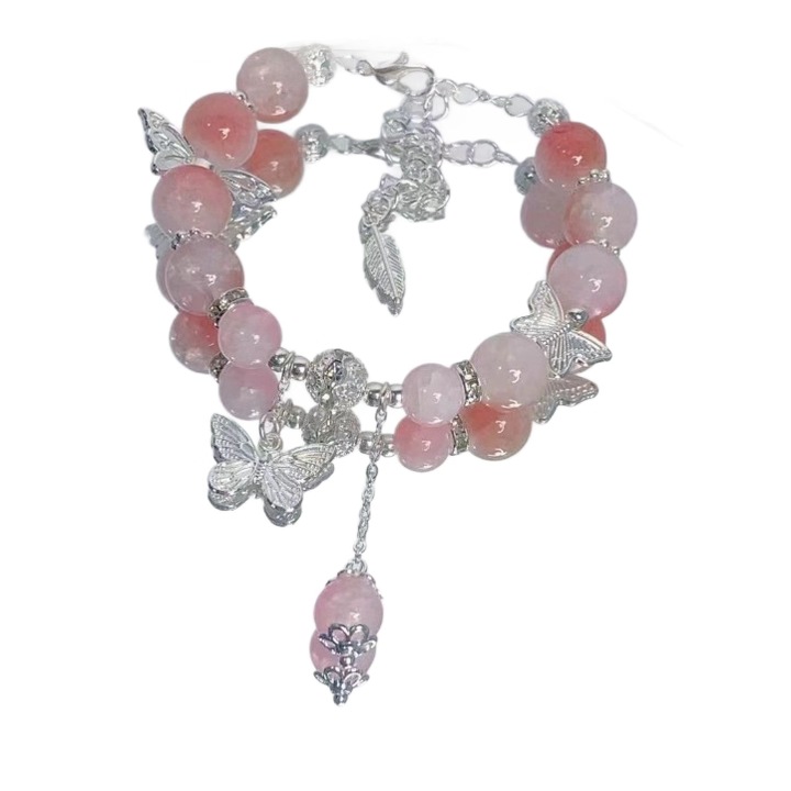 Bratara fashion cu fluturi, margele roz, pandantiv roz