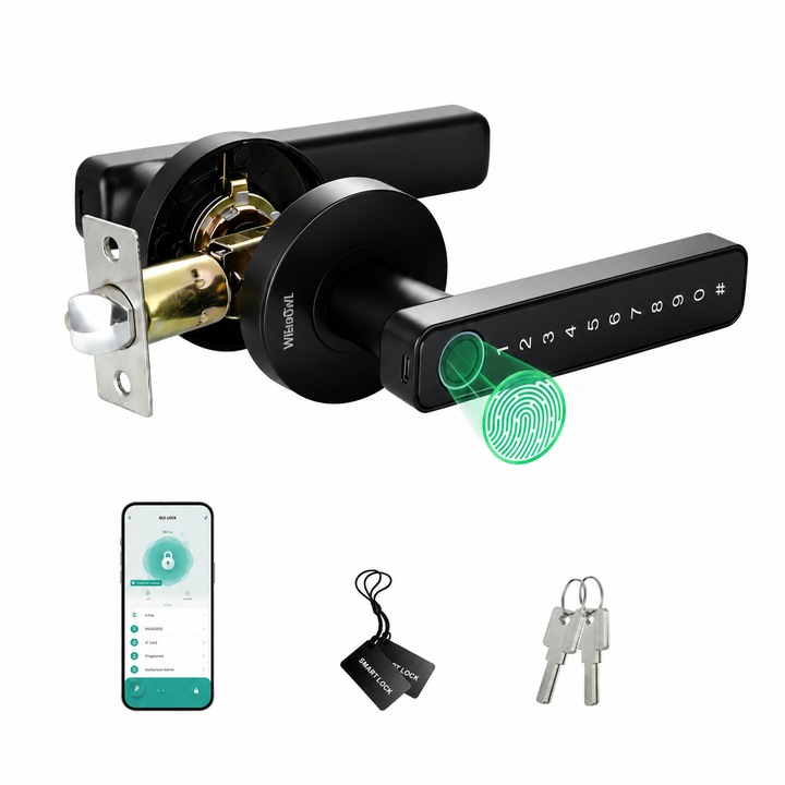 Broasca inteligenta cu amprenta, APP, parola, card si cheie, Auto-Lock, USB-C, pentru Airbnb si apartament, suport pana la 50 amprente si 150 parole