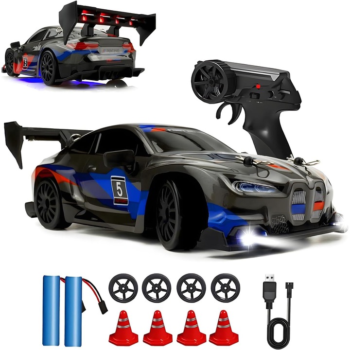 Masina cu telecomanda RC, Drift car, 30km/h, 2.4GHz, 4WD, lumini LED, 2 Seturi Anvelope (Speed & Drift), 2 baterii reincarcabile, Obstacole Incluse, 1:24, Negru