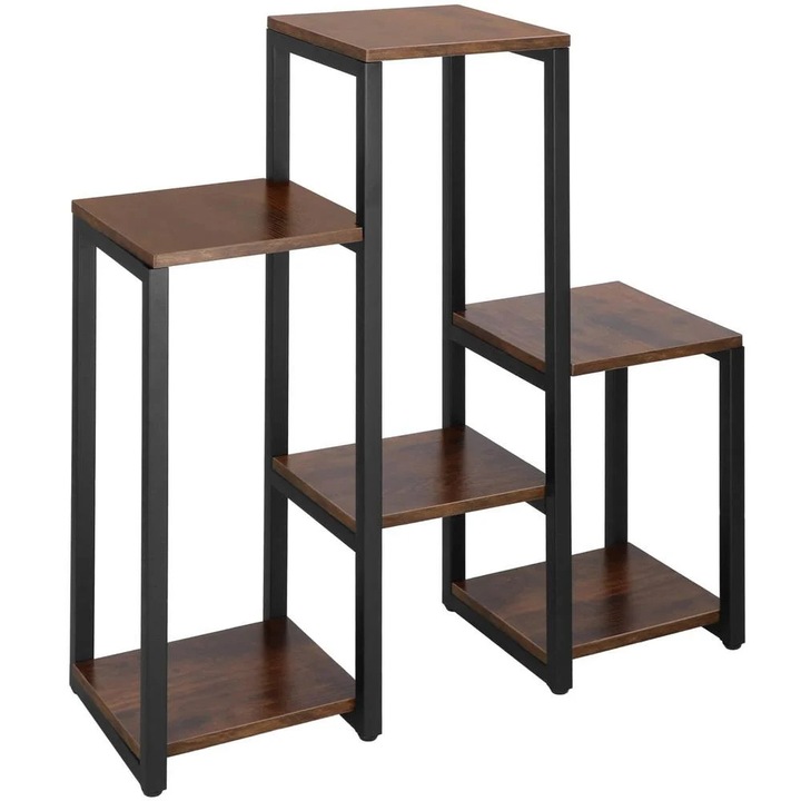 Suport flori 6 rafturi cadru metalic polite lemn compact, 79x69x24 cm, design modern, negru maro