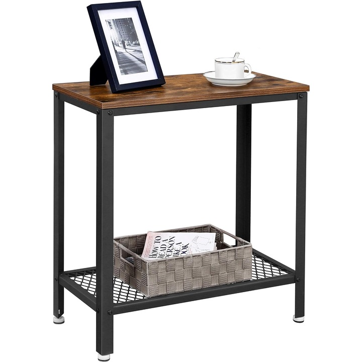 Странична масичка за кафе, с 2 нива, стоманена рамка, 60x30x60см, рустик кафяво