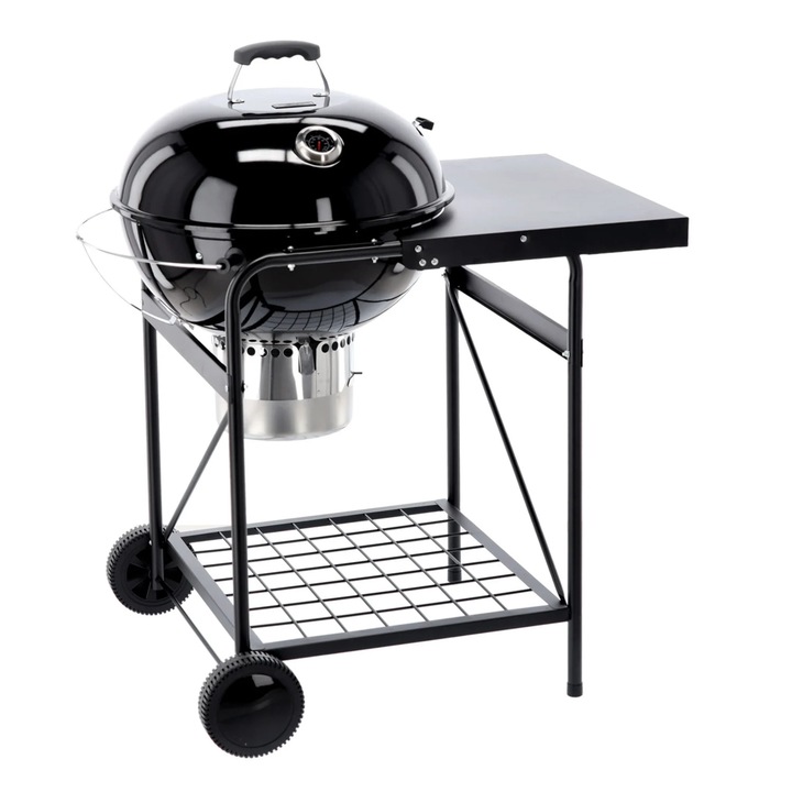 Faszén grill acélból, hamutálcával, fedéllel, hőmérővel, krómozott, 90x71x111 cm, levehető rácsok, fekete