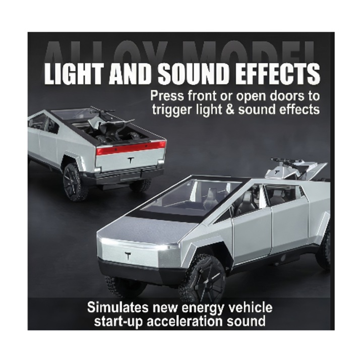 Tesla Cybertruck fém autó ATV-vel, fényekkel és hanghatásokkal, szürke, dobozban, játékautó fiúknak, gyerekeknek