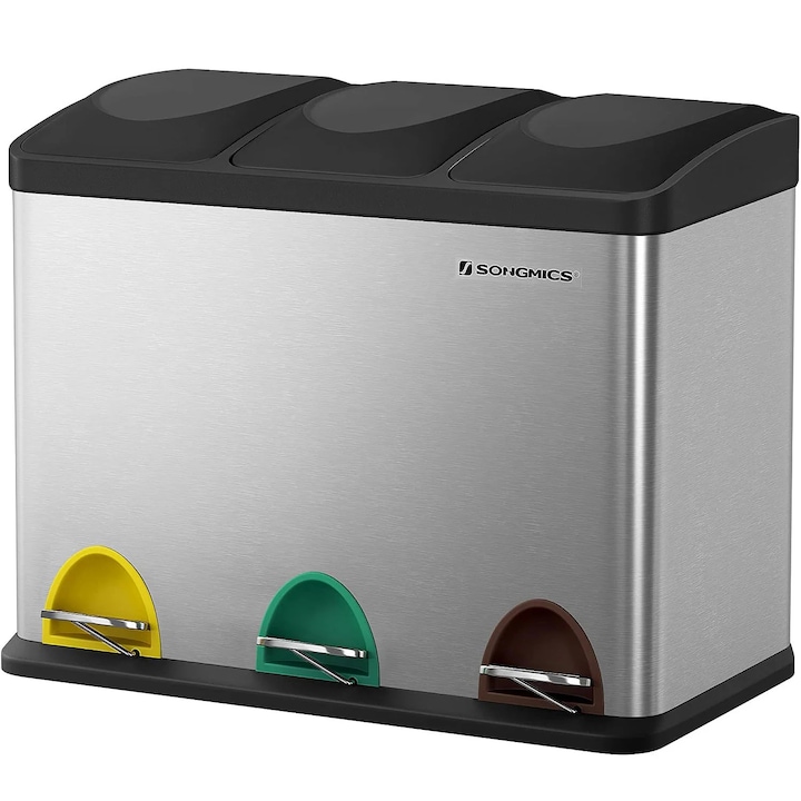 Cos de gunoi 45L, SONGMICS, inox cu 3 compartimente, argintiu/negru, 60,5x31,5x48,5cm