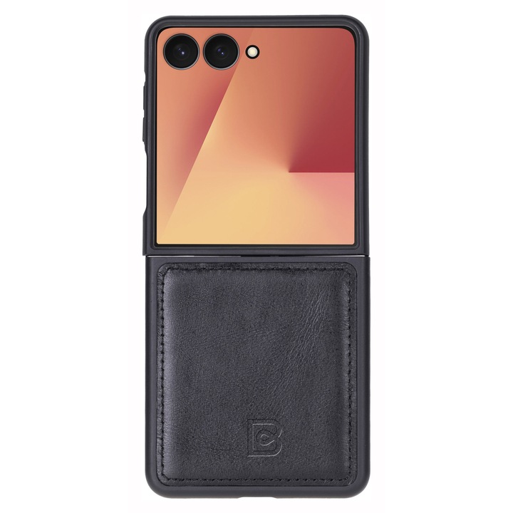 Премиум калъф от естествена кожа за Samsung Galaxy Z Flip7, тънък заден капак с мек TPU ръб – Bouletta Flex Cover, черен Rustic black