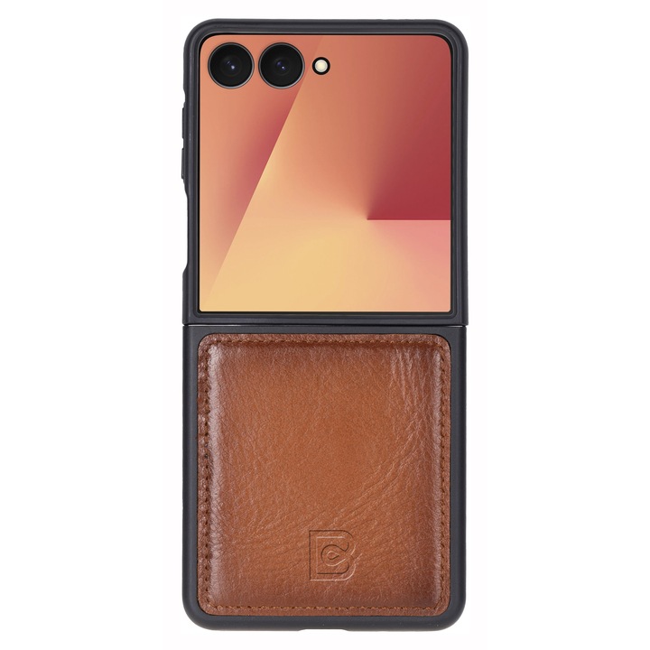 Премиум калъф от естествена кожа за Samsung Galaxy Z Flip7, тънък заден капак с мек TPU ръб – Bouletta Flex Cover, Кафяв Burnished tan