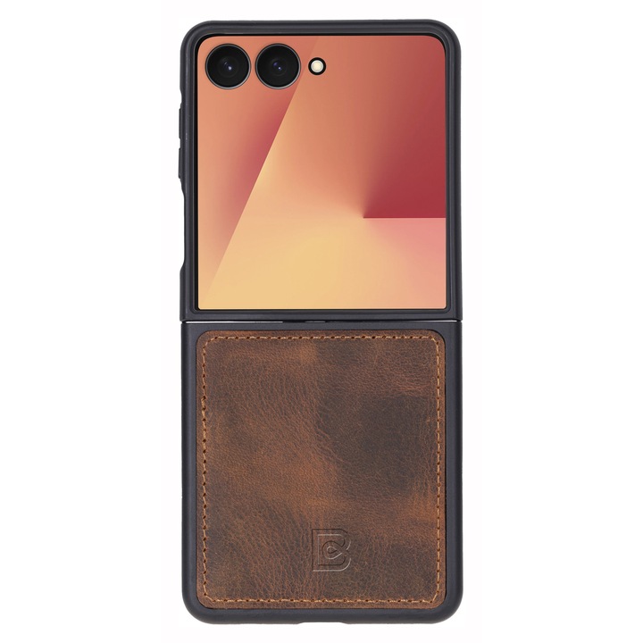 Премиум калъф от естествена кожа за Samsung Galaxy Z Flip7, тънък заден капак с мек TPU ръб – Bouletta Flex Cover, Кафяв Antique brown