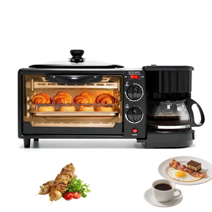 Statie multifunctionala 3-in-1 pentru micul dejun, cuptor cu prajitor de paine de 9 litri, filtru de cafea pentru 4 cesti si tigaie antiaderenta, temporizator de 30-60 minute si temperatura reglabila (100-230 °C), design compact, care economiseste spatiu