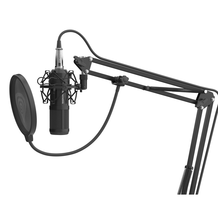 Microfon Genesis Radium 300 STUDIO XLR, tip electret condenser, model cardioid, suport fix, conectivitate Mini Jack 3.5 mm, XLR, , raspuns infrecventa 630 - 16000 Hz, sensibilitate -38 dB, lungime cablu 250 cm, negru cm,negru