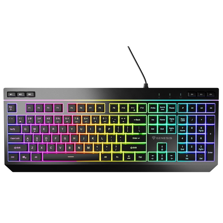 Клавиатура Gaming с кабел Genesis RHOD 530, Мембранна, RGB подсветка, Брой клавиши 114, Материал ABS, Дължина на кабела 180 см, Черен