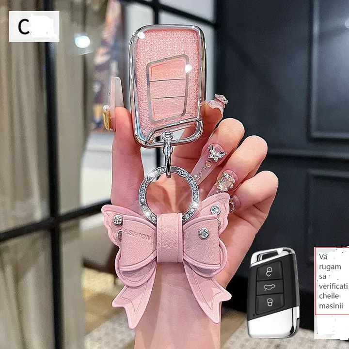 Husă pentru cheie auto Volkswagen, protecție 360, roz deschis, 0199