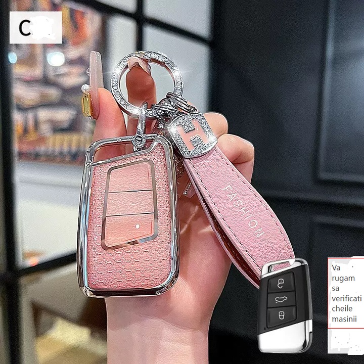 Husa pentru cheie compatibila cu Volkswagen Passat (Magotan), CC, Sagitar, Bora, T-Roc, Tayron, Lavida si Tiguan L, roz, 0200
