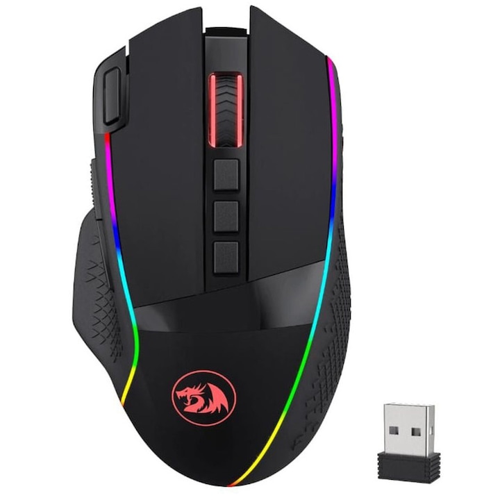 Mouse gaming Wireless si cu fir Redragon Enlightment Pro, 26000DPI, sencor optic, micro switch-uri Huano, iluminare RGB, Negru