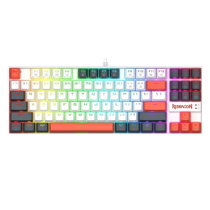 Tastatura gaming mecanica cu fir Redragon Kumara, Iluminare RGB, switch-uri rosii, Alb/Gri/Portocaliu