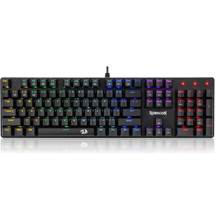 Tastatura gaming mecanica cu fir Redragon Sindri, Iluminare Rainbow, switch-uri rosii, Negru