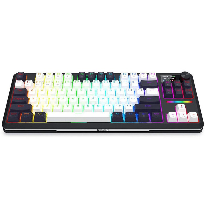 Tastatura gaming mecanica Bluetooth/cu fir Redragon Wildslash LCD Pro, Iluminare RGB, switch-uri liniare Redragon RPC, display OLED 1.41" customizabil, Negru/Alb