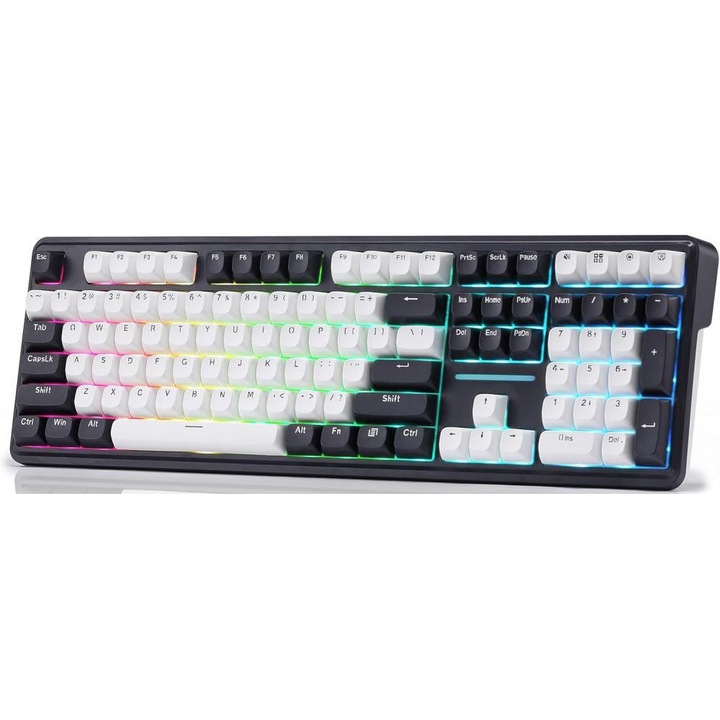 Механична клавиатура Gaming Bluetooth/кабелна Redragon Antonium Pro 108, RGB осветление, Линейни суичове Redragon Mambo L, Черен/Бял