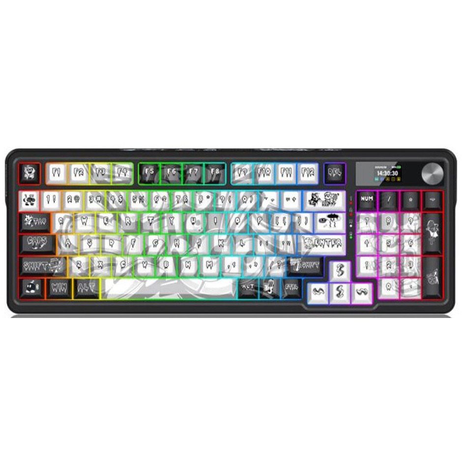 Tastatura gaming mecanica Bluetooth/cu fir Redragon Artemis Pro Anime, Iluminare RGB, switch-uri liniare Redragon galbene, display OLED 1.41" customizabil, Anime print, Negru/Alb
