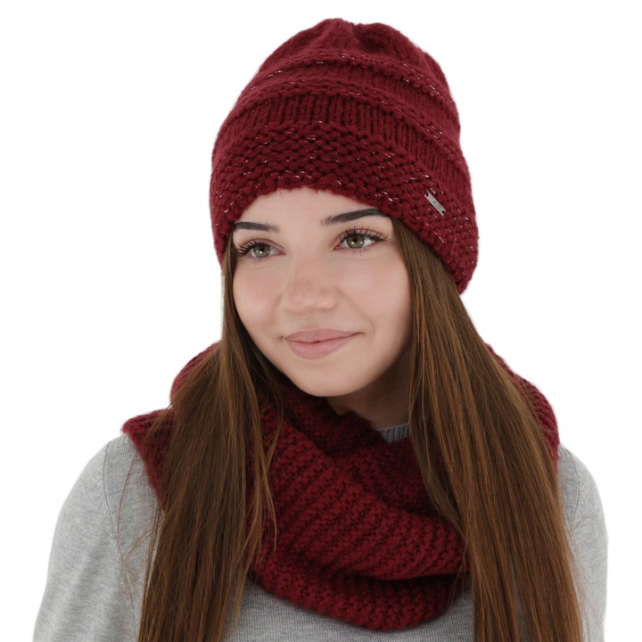 Set de iarnă Driva, caciulă și fular, lână merino, culoare bordo, mărime universală 55-60