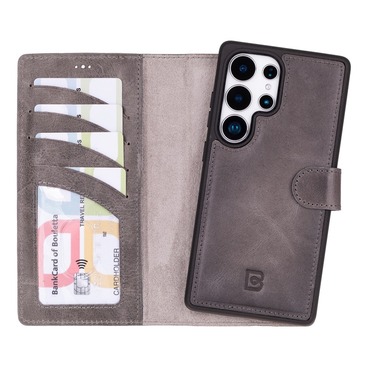 Samsung Galaxy S25 Ultra многофункционален калъф от висококачествена естествена кожа, с портфейл и магнитно отделящ се гръб, функция за гледане на видео и сигурно магнитно закопчаване – Bouletta Magic Wallet, цвят Сив Grey