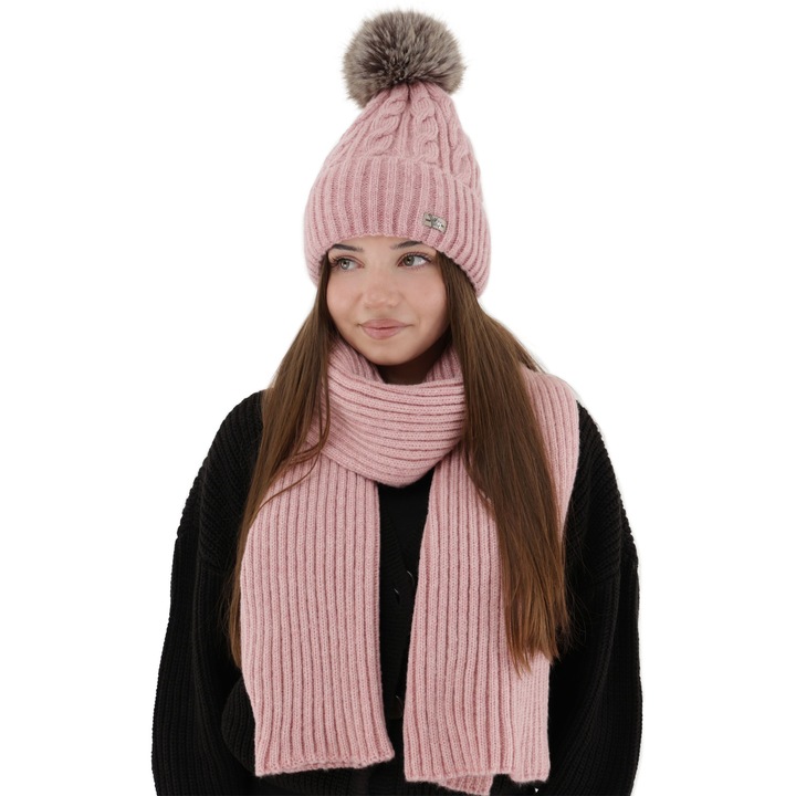 Set de iarna pentru femei Lanette, 2 piese: Caciula si fular, Cu lana merino, Culoare roz, Super-confortabil, Material elastic, Captuseala Polar, Marime Universala 55-60