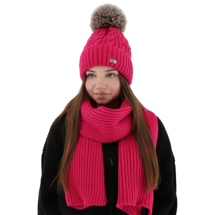 Set de iarnă pentru femei, Lanette, caciulă și fular, lână merino, roz închis, 180x30cm, mărime universală 55-60