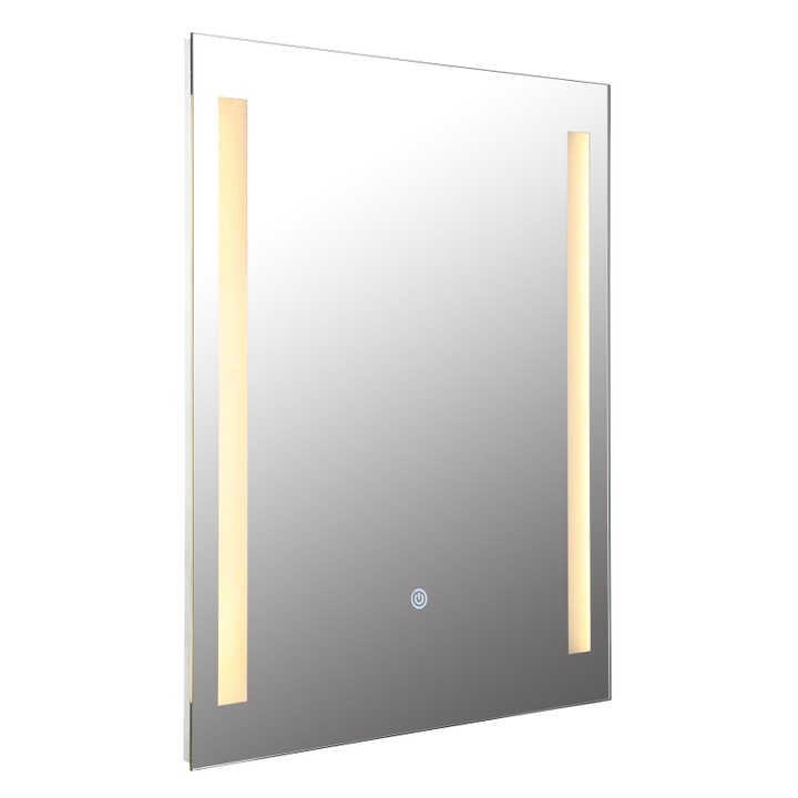 Oglinda crom, oglinda, sticla satinata, touch on/off, variator tactil continuu, functie de memorie, IP44, LxA: 500x610mm, AL: 25mm, incl. LED 12W 230V, sursa 280-1200lm, iesire 100-650lm, 3000K