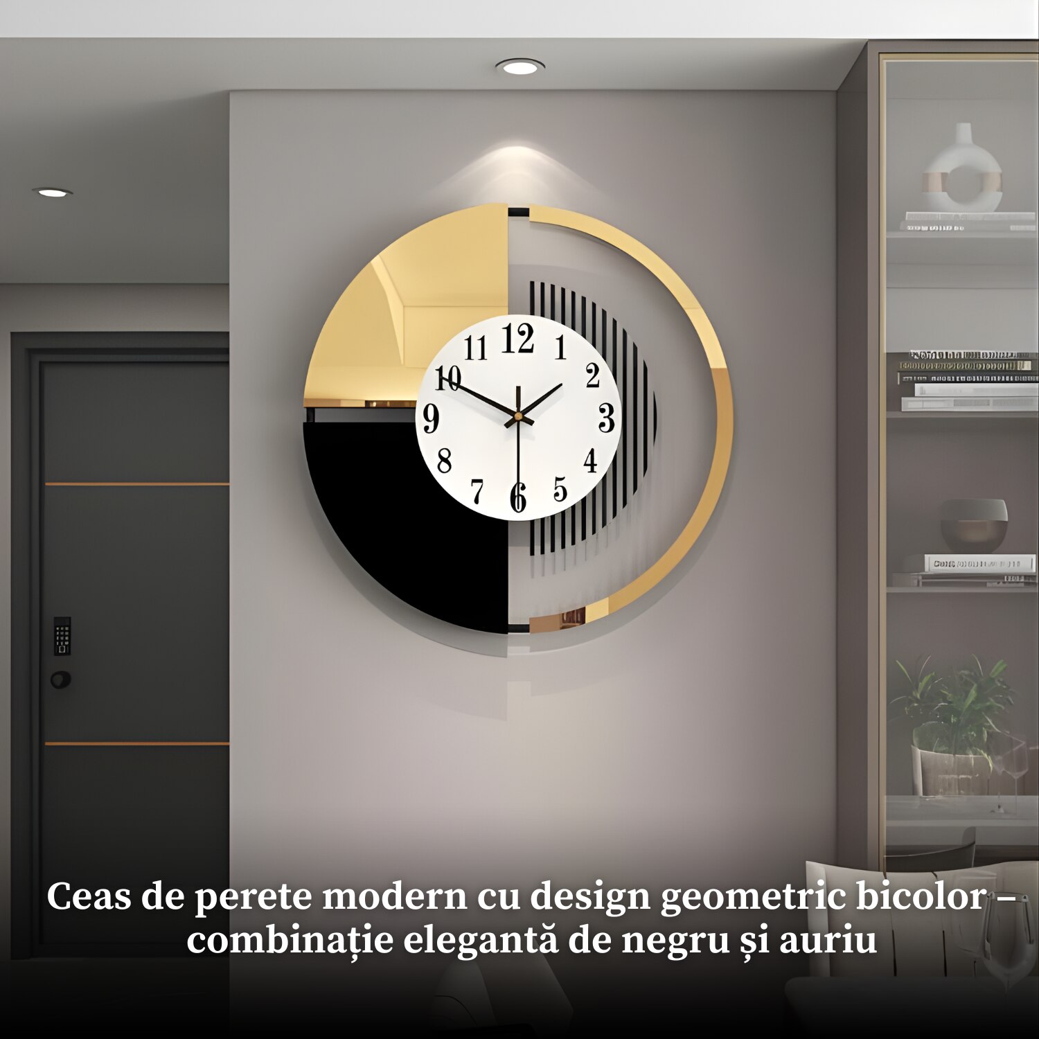 Ceas de perete, decorativ, modern, design geometric bicolor negru/auriu ...
