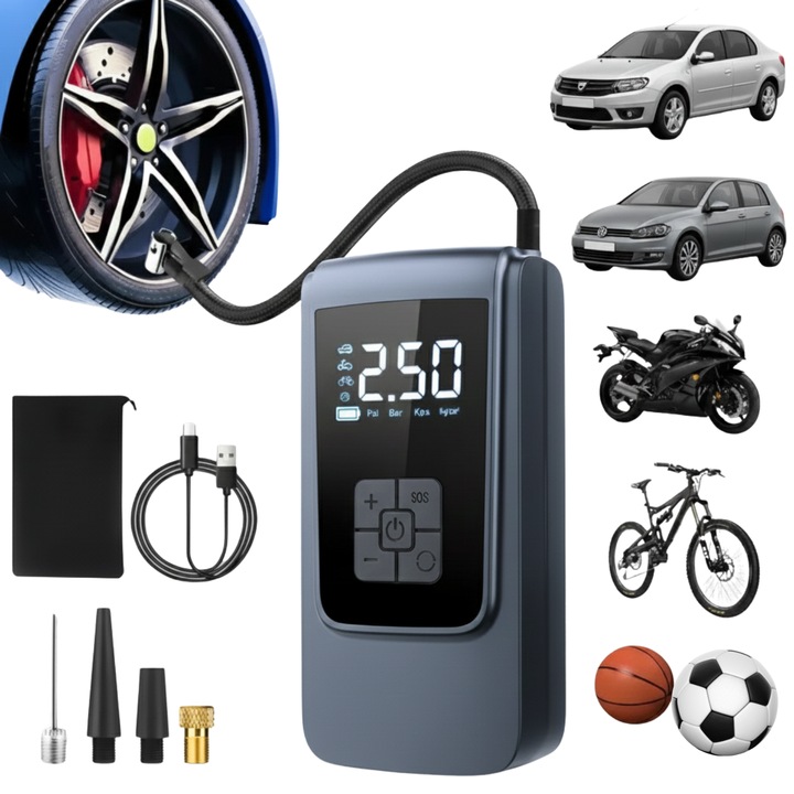 Compresor electric portabil Deyra, 150 PSI, ecran digital, oprire automata, moduri presetate auto/moto/bicicleta/minge, LED + SOS, baterie 6000mAh, incarcare USB