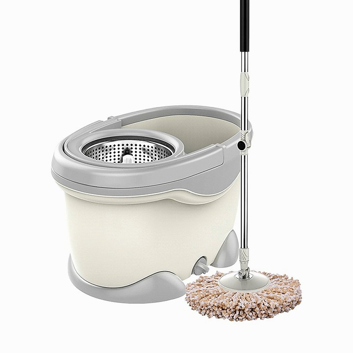 Set Galeata Si Mop Rotativ 360°, Cu Dubla Actiune Centrifuga, Pentru Uz Casnic, Maner Din Otel Inoxidabil Telescopic, 2 Capte Din Bumbac, 46X27X29 Cm, curatare rapida, fara efort, cu maner extensibil pentru acces usor, Alb