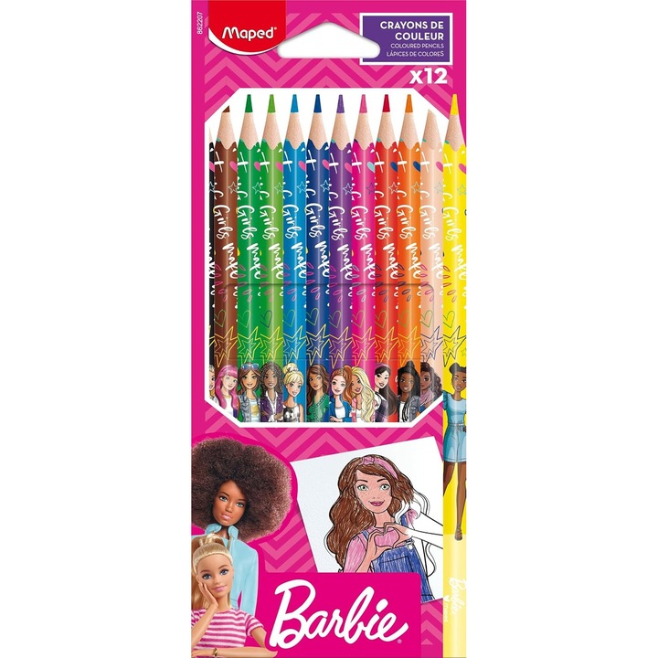Crayon Colorate Barbie Maped - Set 12, Varf Rezistent, Forma Ergonomica