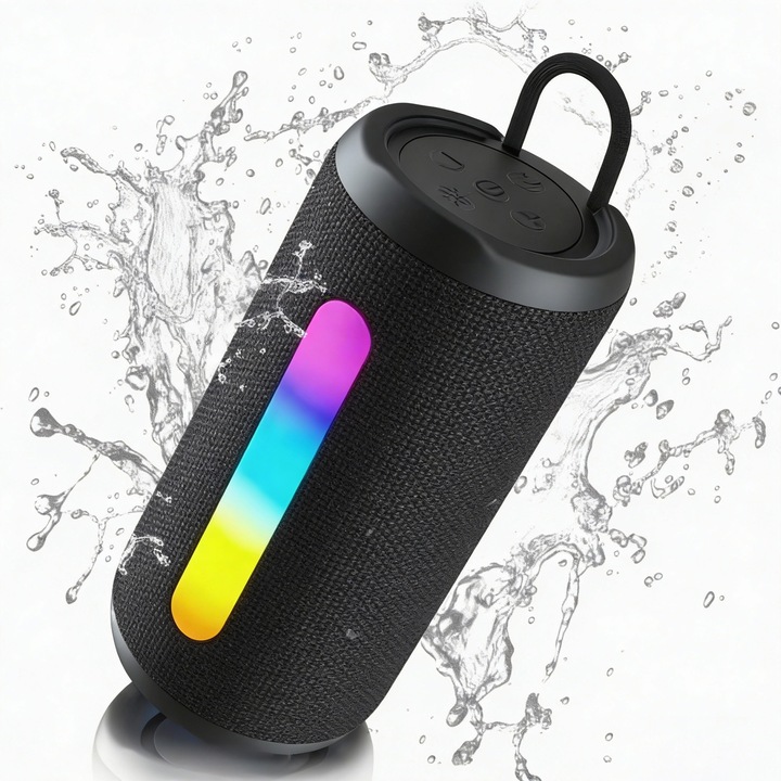 Boxa Portabila, Speaker Wireless, Usor portabila, IPX4, Bluetooth 5.3, Difuzor Dublu, Sunet 360°, BInterconectare wireless TWS+, Lumini RGB, USB-C, Card TF, Negru STEELCORE