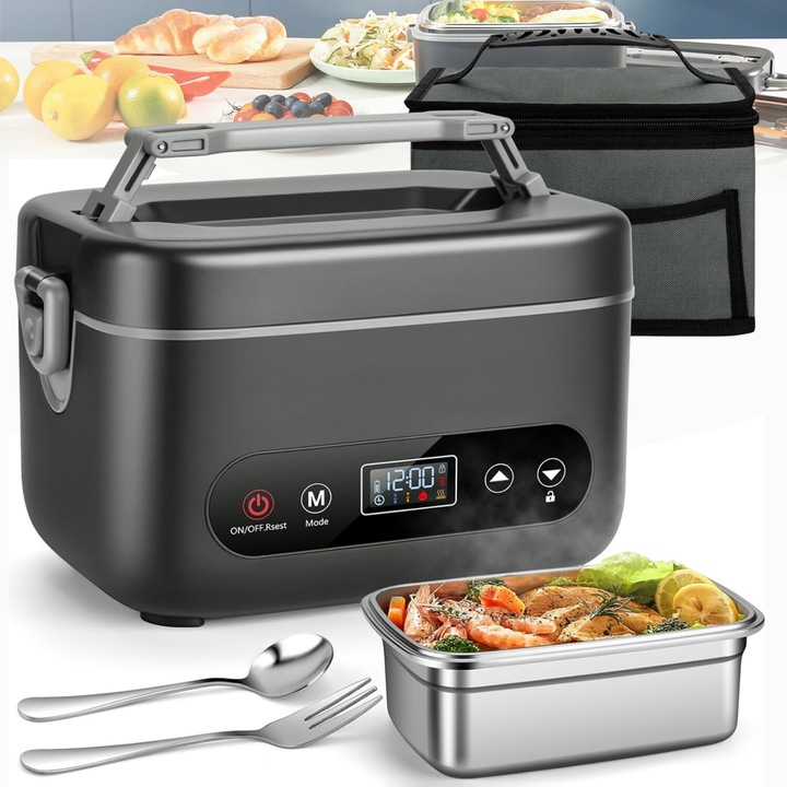 Cutie de Pranz Electrica, Bedee, 1.2L, 24000 mAh, Portabila, Afisaj LED, cu Incalzire Incorporata, Rezistenta la Scurgeri, Reutilizabila, Curatare Usoara, cu Furculita, Lingura, Din otel inoxidabil, pentru Calatorii, Picnic, Birou, Serviciu, Scoala, Negru