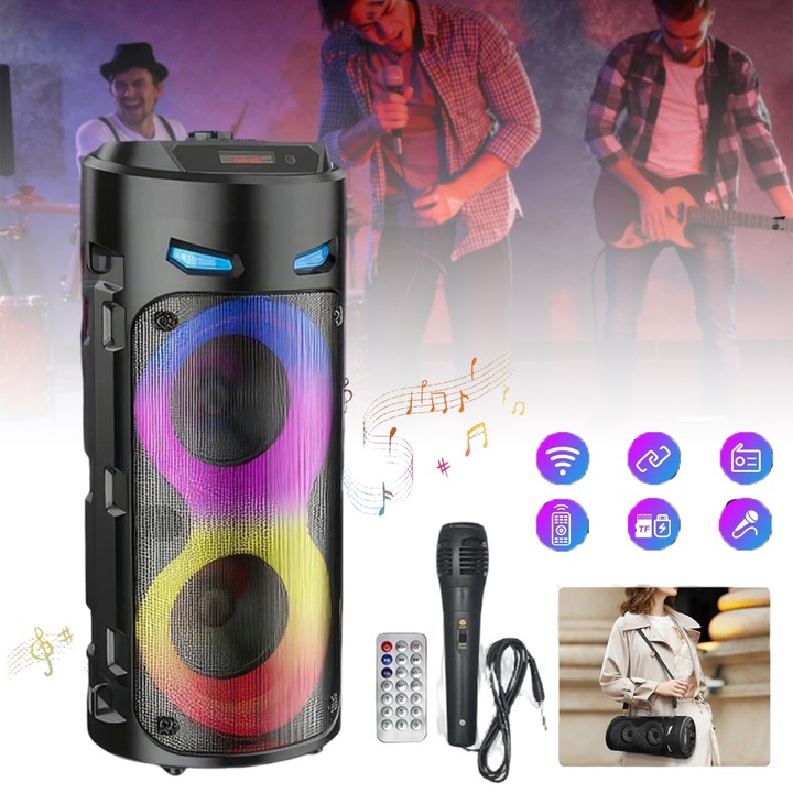 Boxa Portabila, Bedee, Wireless, Usor si Portabil, Bluetooth 5.0, cu Microfon si Telecomanda, Jocuri Lumini RGB, Bass Echilibrat, Difuzor Dublu, Radio FM, Conexiune USB, Auxiliar, Power Sound, Card TF, Negru