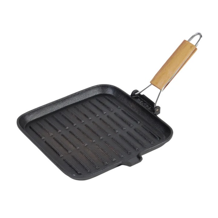 Tigaie grill din fonta cu maner detasabil, neagra, 24x24cm