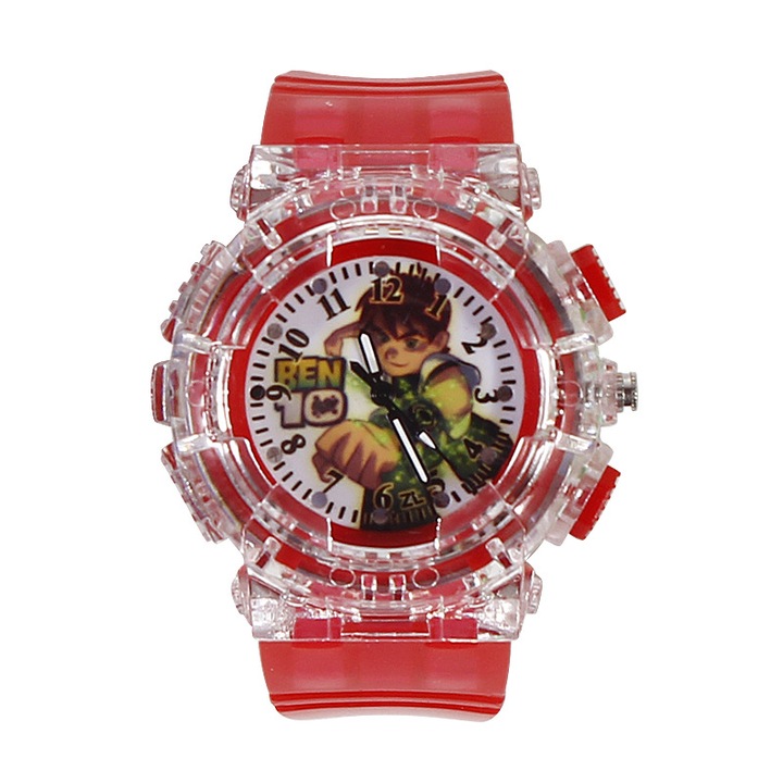 Ceas copii analogic, rosu, cu functie de iluminare, pentru baieti, cu curea flexibila