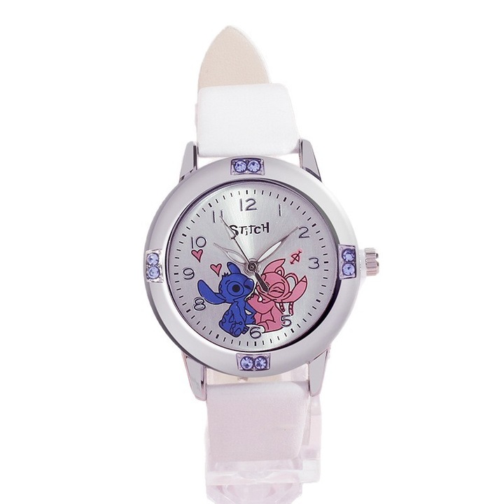 Ceas copii, Stitch, curea din piele alba, cristale stralucitoare, cadran cu cifre mari