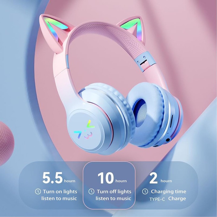 Casti Wireless, design cu urechi de pisica, Bluetooth 5.0, violet ...