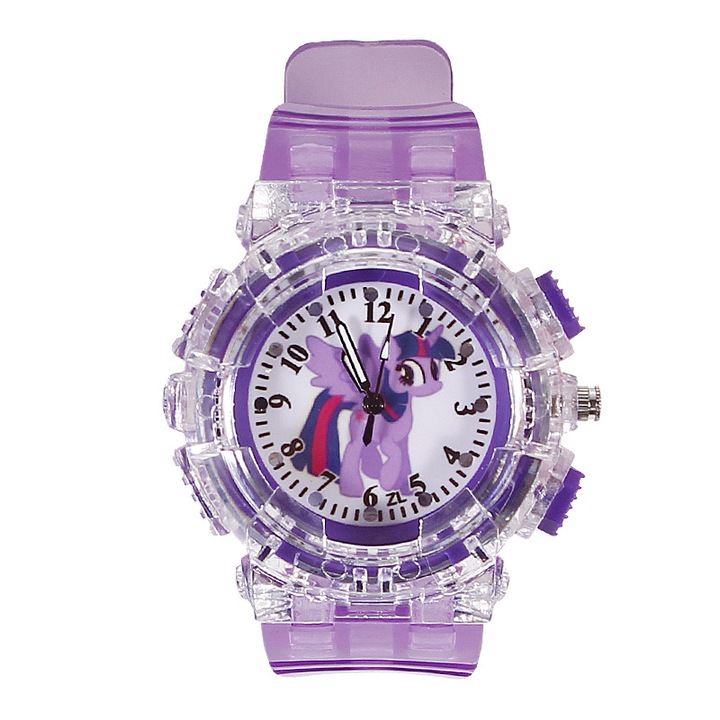 Ceas copii set tematic ponei, design animat, iluminare 7 culori, violet, curea flexibila
