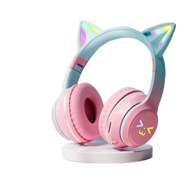 Vezeték nélküli fejhallgató macskafülekkel, aranyos design, LED fények, rózsaszín, 48 óra üzemidő