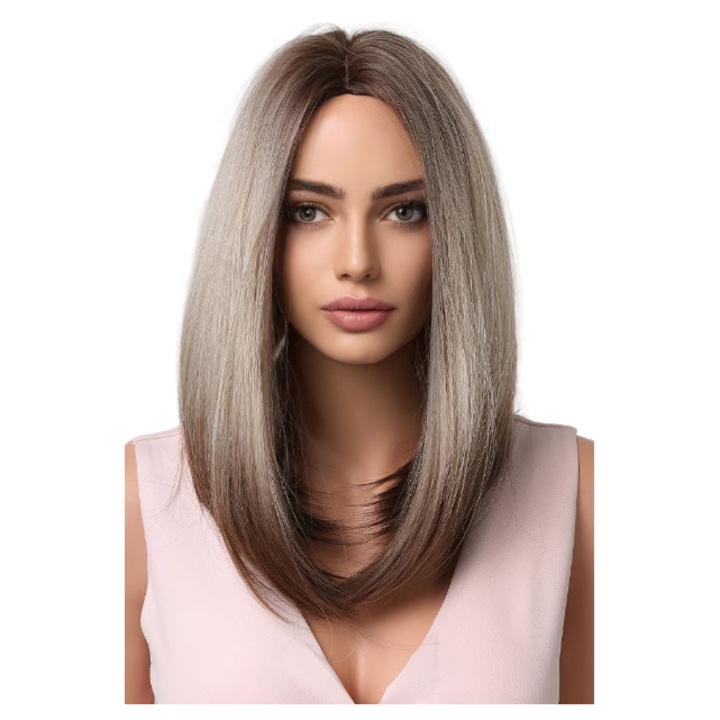 Hosszú barna bob paróka fehér melírral, szintetikus szálból, állítható rögzítőrendszerrel