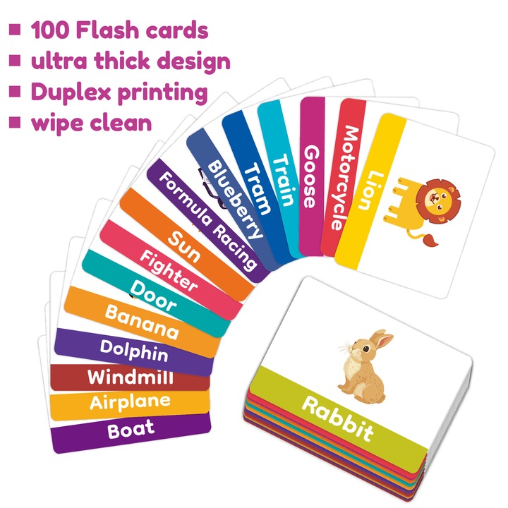 Комплект карти за ранно познавателно развитие, 100 двустранни карти, безопасни за деца, цветни, за възраст 3-6 месеца