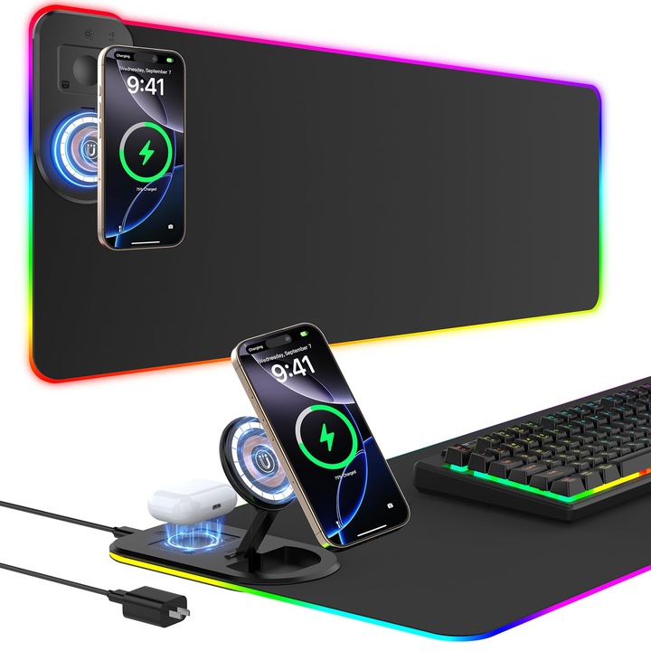 Mousepad gaming cu incarcare wireless si suport telefon pliabil, dimensiune 800x350x4mm, 15 moduri de iluminare, impermeabil, pad pentru tastatura