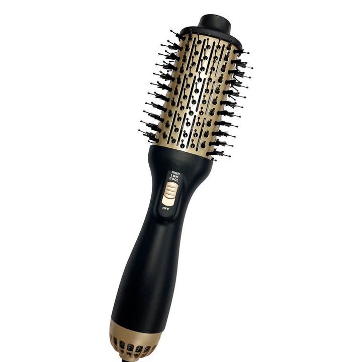 Perie de par electrica 4 in 1, 3 setari de viteza, 2 setari de temperatura, functie de aer rece, forma ovala, neagra si aurie