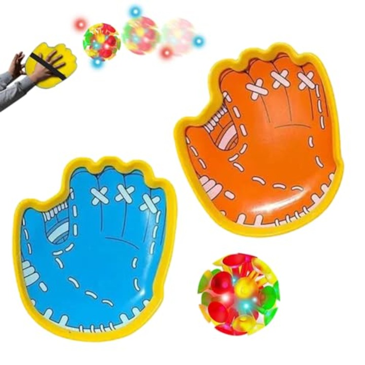 Set jucarie interactiva copii, minge cu ventuza, design racheta, 6cm, multicolor