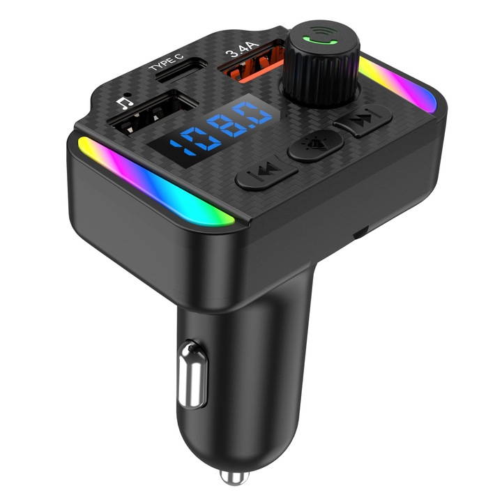 FM autós transzmitter M52, Bluetooth, AUX bemenet, dinamikus RGB világítás, 12V-24V