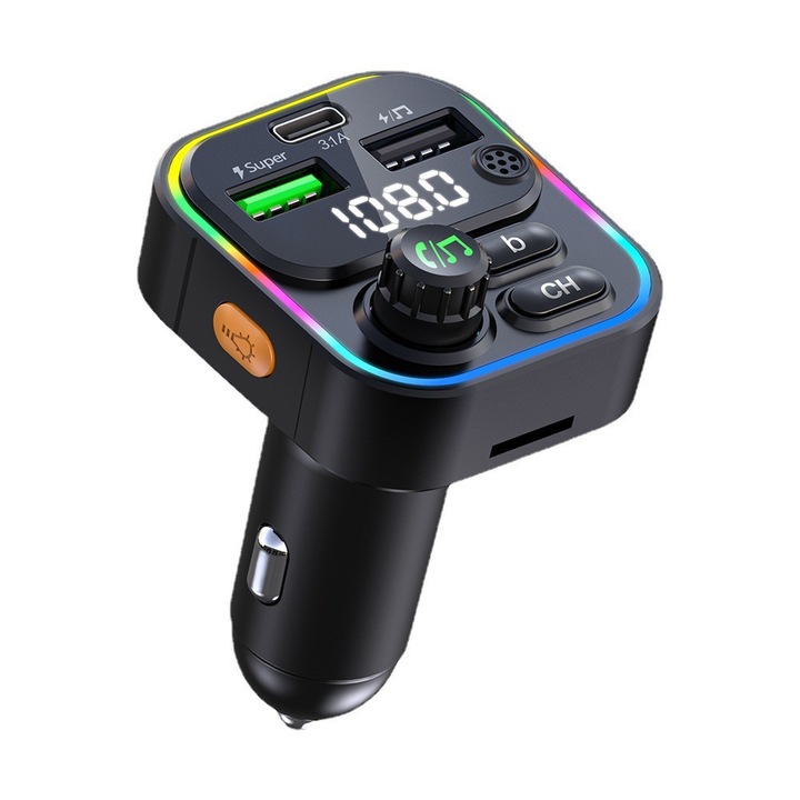 FM autós transmitter C17, Bluetooth, kettős USB töltés, fekete, 12V-24V